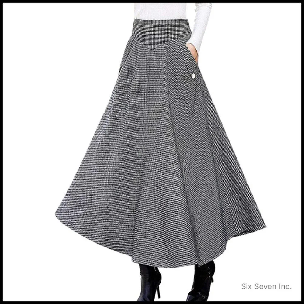 High Waist Wool Blend Maxi Skirt A-Line Flared Retro Elegant Plaid Midi